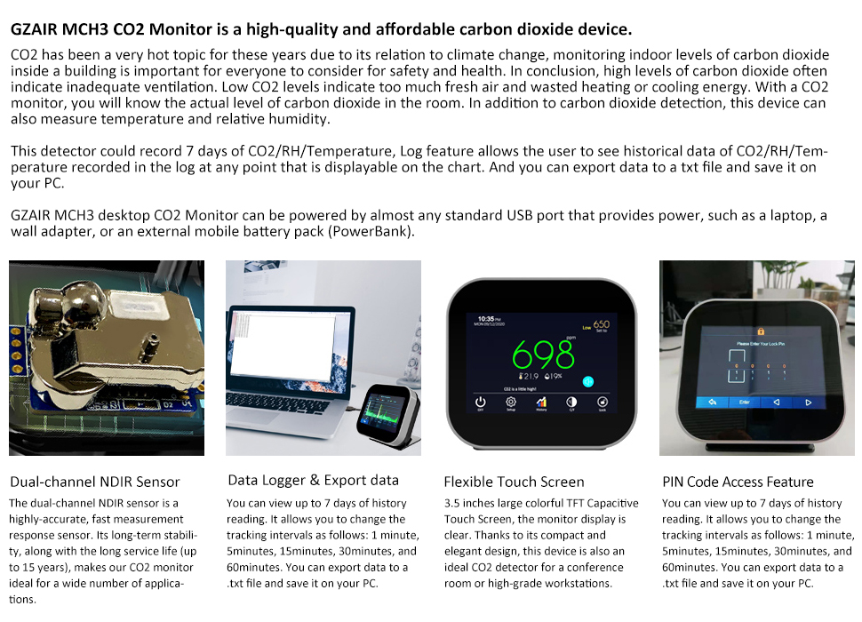 GZAIR MCH3- Black Indoor CO2 Meter Data Logger Monitor Dual-Channel NDIR CO2 Sensor with Auto-calibration Function - GZAIR