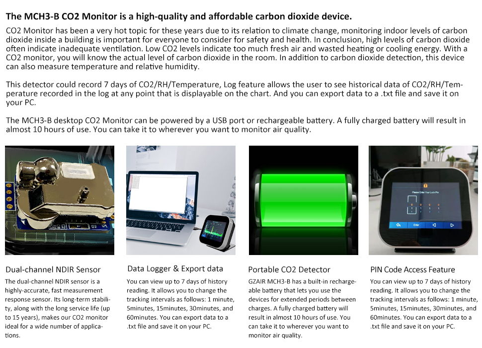 GZAIR MCH3-B CO2 Meter Battery Included Data Logger Dual-Channel NDIR CO2 Sensor with Auto-calibration Function - GZAIR