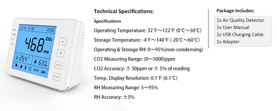 GZAIR 1300P Indoor CO2 Meter Carbon Dioxide Detector Air Quality Monitor CO2 Sensor with Auto-calibration Function - GZAIR