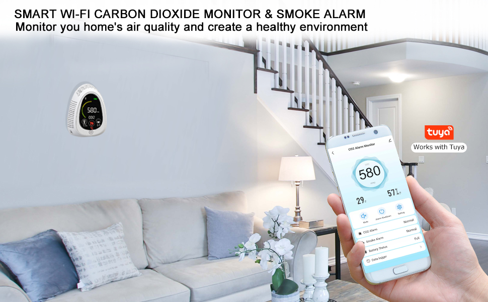 GZAIR PT01 Smart Wi-Fi CO2 Meter with Smoke Alarm Data Logger CO2 Monitor CO2 Sensor with Auto-calibration Function - GZAIR