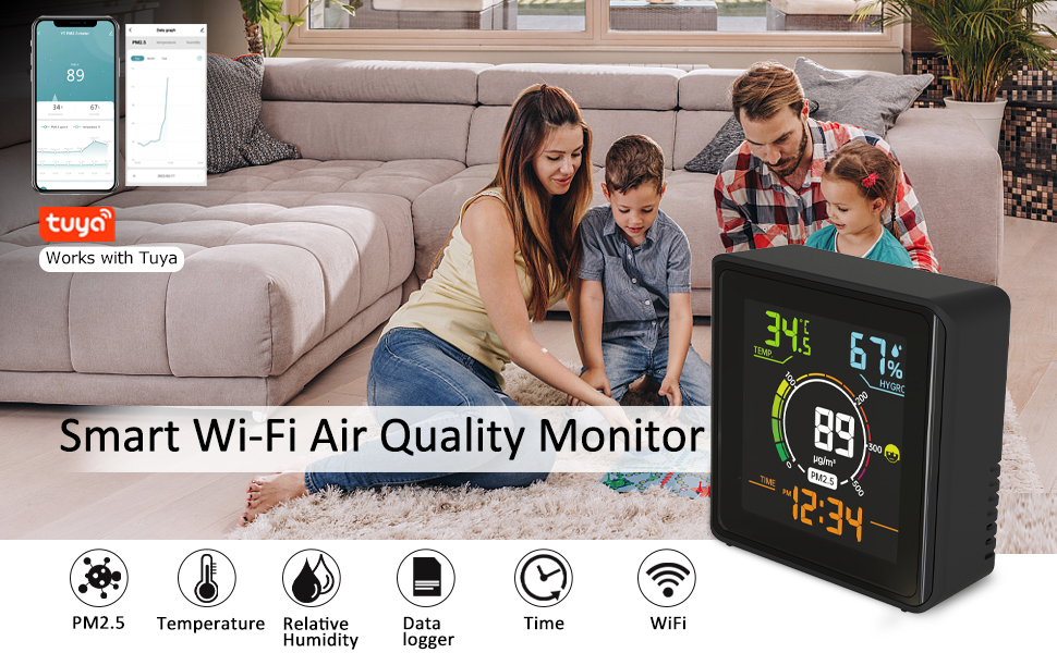 GZAIR YT6928 Smart Wi-Fi Indoor Air Quality Monitor, PM2.5 Meter PM2.5 Detector, Data Logger via App - GZAIR