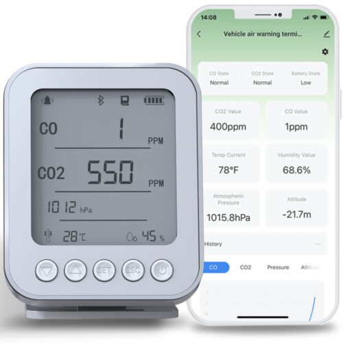 GZAIR Smart IAQ Monitor with CO/CO2/Pressure/Humidity/Temperature Detection Sensors, vehicle, Car, RV, Truck, Camping, Bluetooth, Data logger