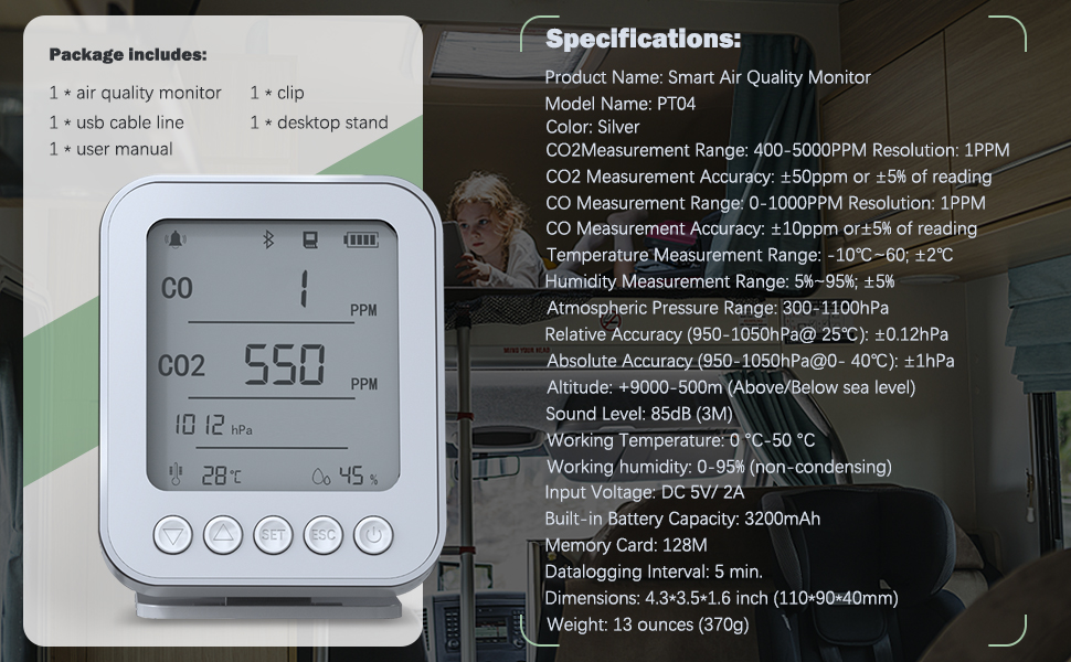 GZAIR Smart IAQ Monitor with CO/CO2/Pressure/Humidity/Temperature Detection Sensors, vehicle, Car, RV, Truck, Camping, Bluetooth, Data logger